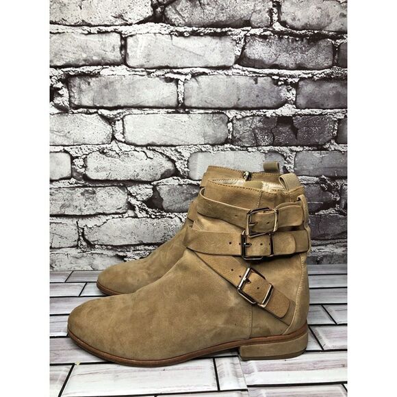 RAYE Beige Suede Leather Side Zipper Ankle Strap Booties Women’s Sz 37EU/6.5M US - Picture 1 of 16